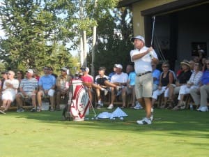 FRED FUNK DEMONSTRATES SETTING UP A GOLF SHOT AT TUESDAY'S CLINIC AT PRONGHORN